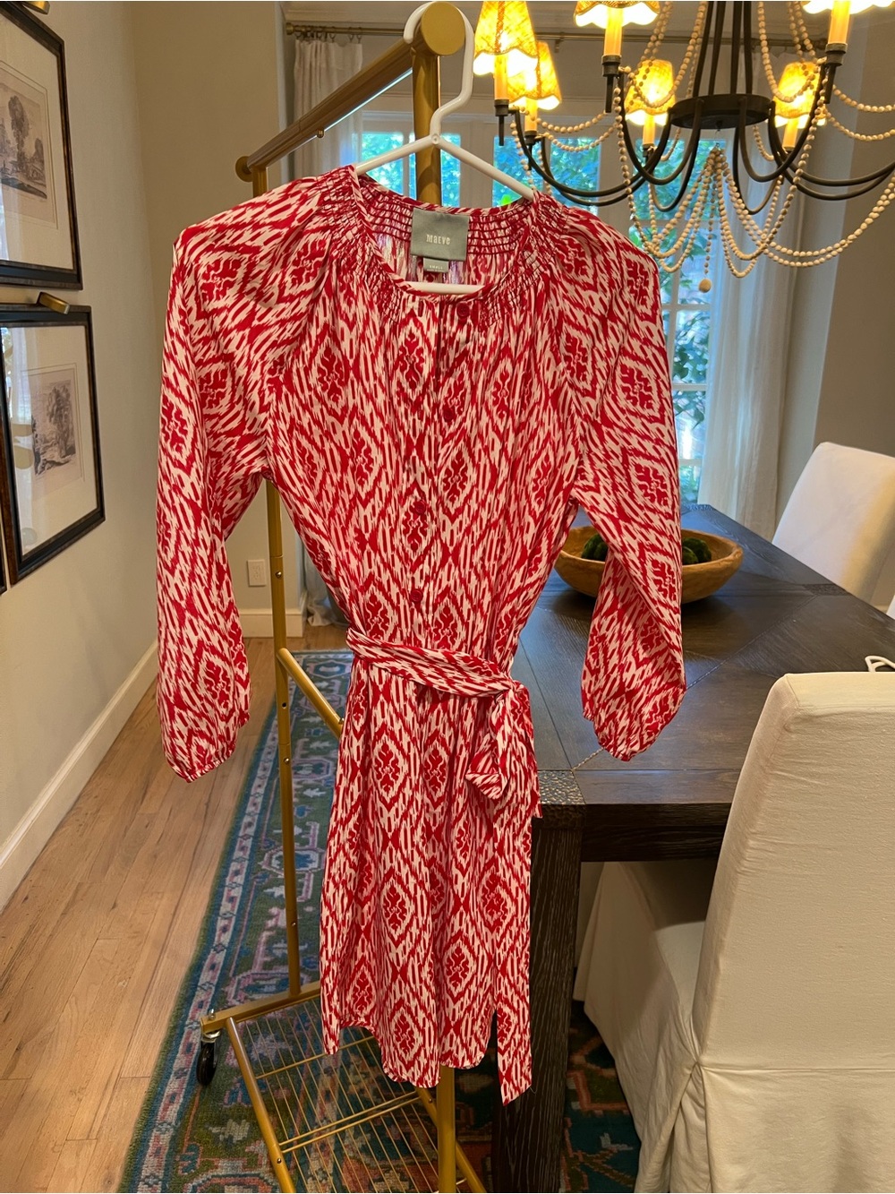 Maeve Raspberry Ikat Print Belted Women’s Dress